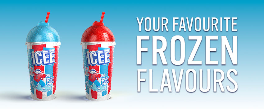 Two ICEE beverages displayed beside the text "Your favourite frozen flavours"